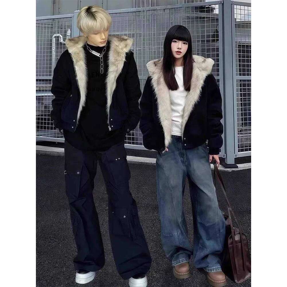 American Retro Trend Faux Fur Hooded Jacket for Men Winter Warm Thick Fashion Versatile Cotton Coat Z260313