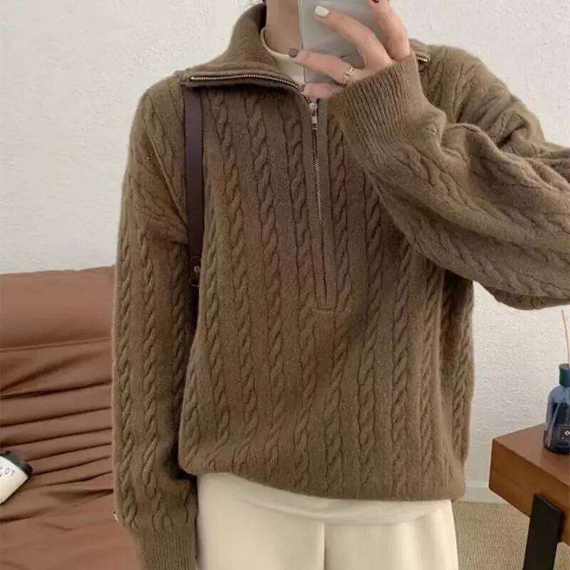 Vintage Cable Knit Half Zip Sweater Women Autumn Winter Thick Lapel Loose Fit Versatile Long Sleeve Cozy Casual Pullover Top Z260313
