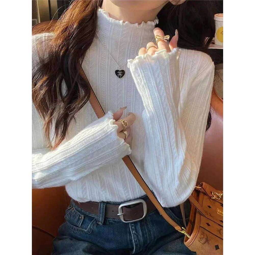 Autumn Women's Knitted Pullover Sweater Sweet Solid Ruffles Half High Neck Long Sleeved Shirt Casual Slim Fit Knitwear Z260314