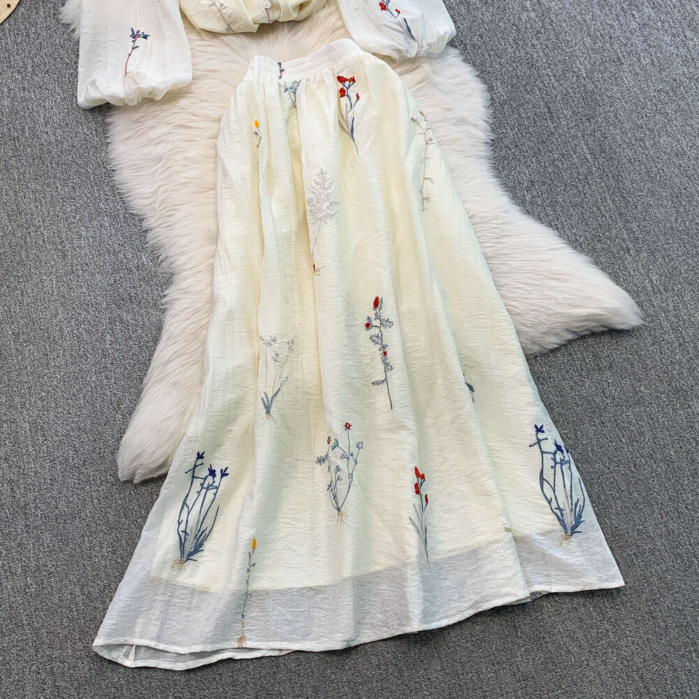 2026 designer's new sweet style lace up design embroidered loose A12 single breasted shirt high waist slimming skirt