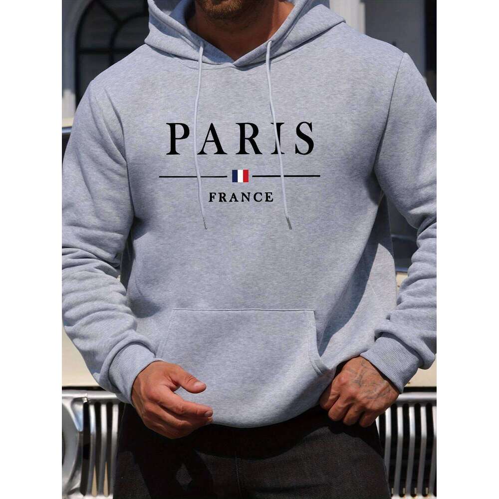 Men's autumn and winter casual fashion loose Paris letter pattern printed long sleeved hooded sweatshirt warm pullover Z260314