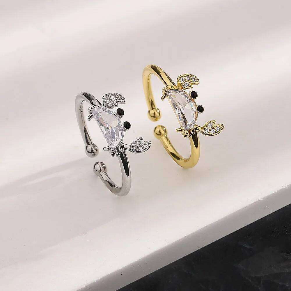 Creative Design Crystal Crab Stainless Steel Opening Rings for Women Exquisite Cute Marine Animal Finger Accessory Jewelry Gifts H260312