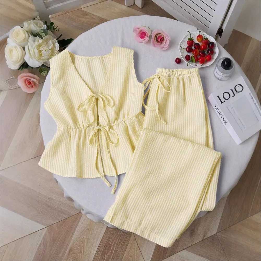 Striped New Two Piece Set Summer V Neck Lace Up Sleeveless Blouse High Waist Wide Leg Pants Sets Casual Solid Women Sets M260313