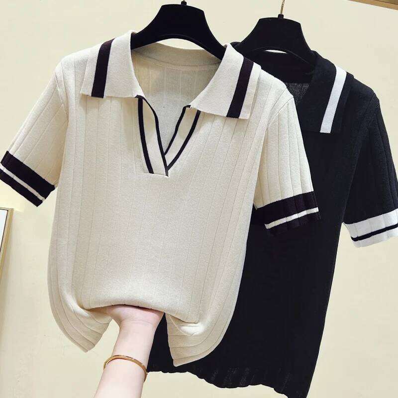 Summer Knitted Sweater Tshirt Women Casual Fashion Basic Split Tees Tops Short Sleeve Polo Collar Ladies Knitwear Jumpers Z260313