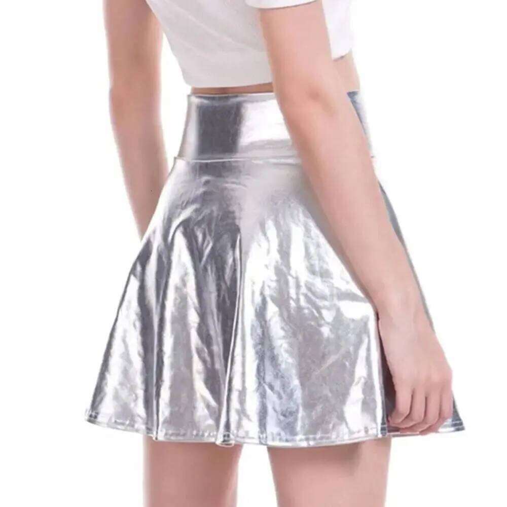 Elegant Metallic Pleated Gold Silver Retro Shiny Dress Elastic Flared Design A-line Short Skirt Clubwear Z260314