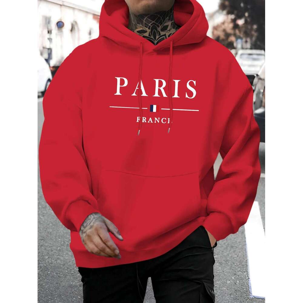 Men's autumn and winter casual fashion loose Paris letter pattern printed long sleeved hooded sweatshirt warm pullover Z260314