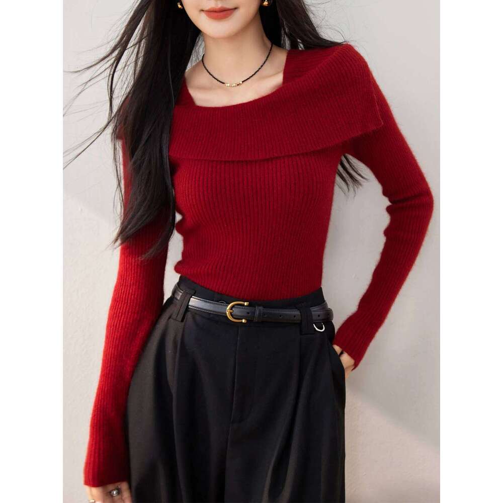 Women's Red Knit Top: Elegant Slim-Fit Long-Sleeve Sweater Versatile, Comfortable & Stylish Z260313