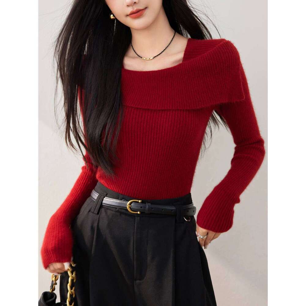 Women's Red Knit Top: Elegant Slim-Fit Long-Sleeve Sweater Versatile, Comfortable & Stylish Z260313