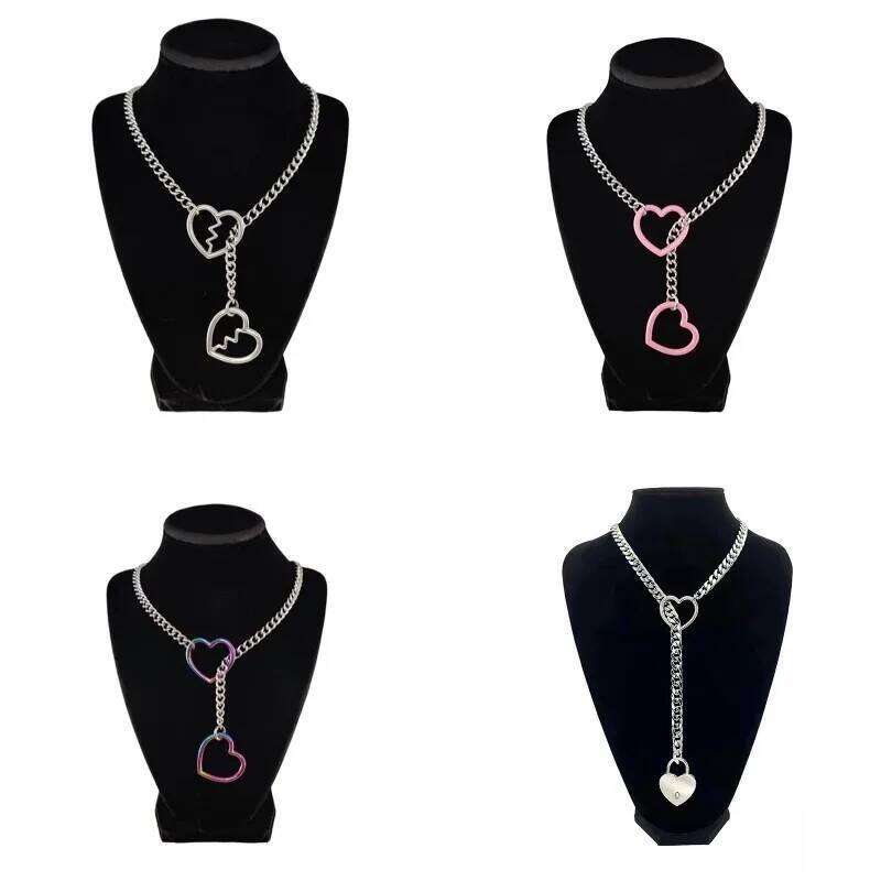 New Heart O-ring Slip Chain For Women Punk Rock Stainless Steel Cuban Long Necklace Trendy Simple Adjustable Y-Necklace H260312