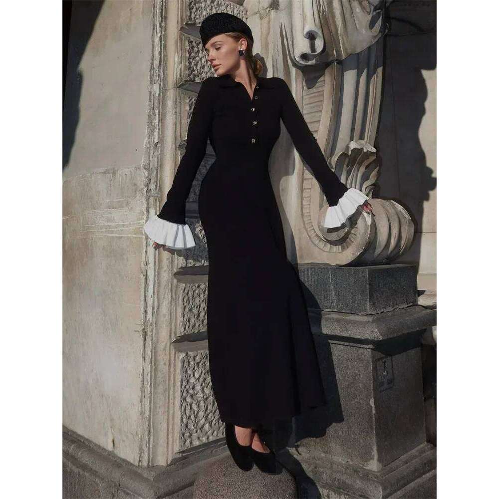 Tossy Female Ruffled Knitwear Long Fashion Patchwork Slim Contrast Lapel Casual Party Gown Women's Knit Maxi Dress Z260314