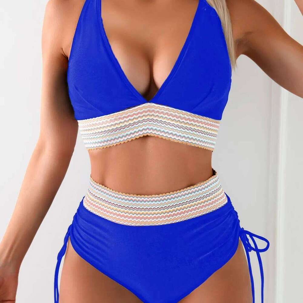 High Waist 2025 New Deep V Backless Sexy Bikini Split Swimsuit Beach Vacation Style Y260303