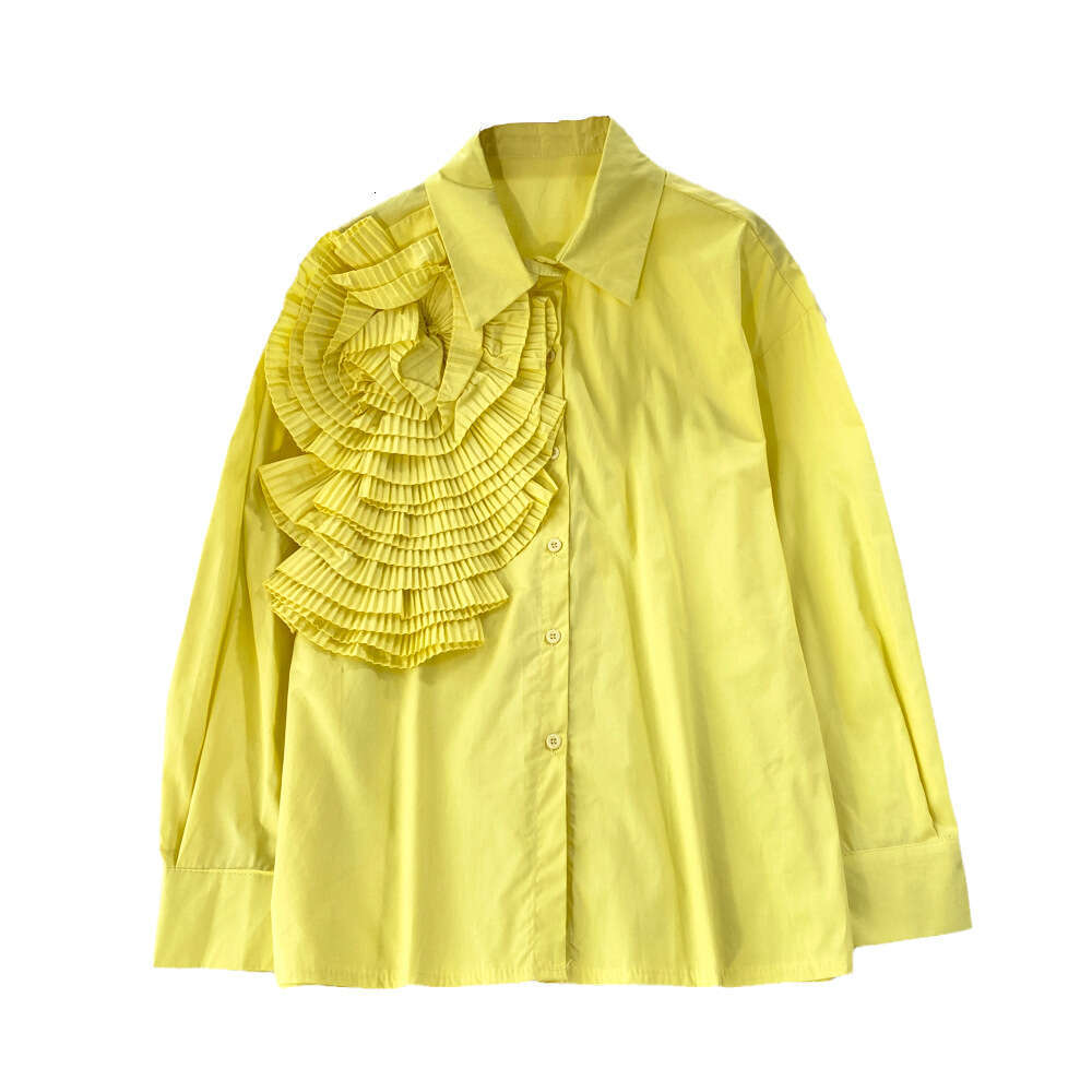 2026 Spring and Autumn Fashion Long Sleeve Sweet Ruffle Edge Splicing Three Dimensional Large Flower Loose Women's Casual Shirt
