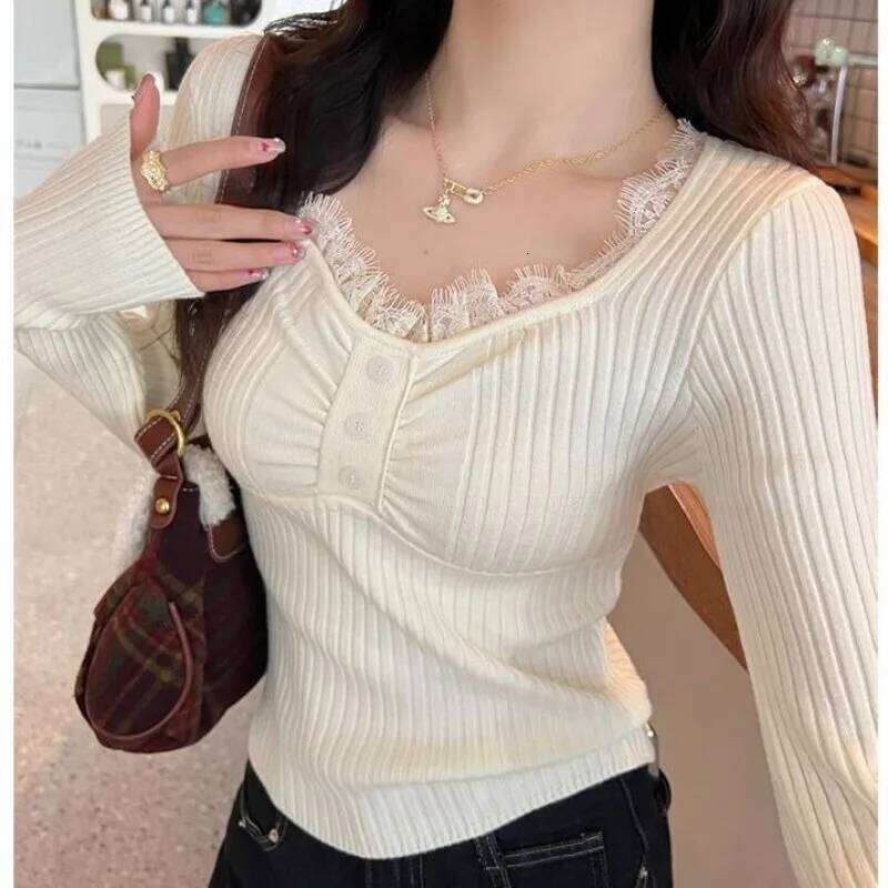 Sweet Lace Edge V-neck Knitted Bottoming Shirt for Women Slim Fit Autumn and Winter Sweater Cropped Top Z260313