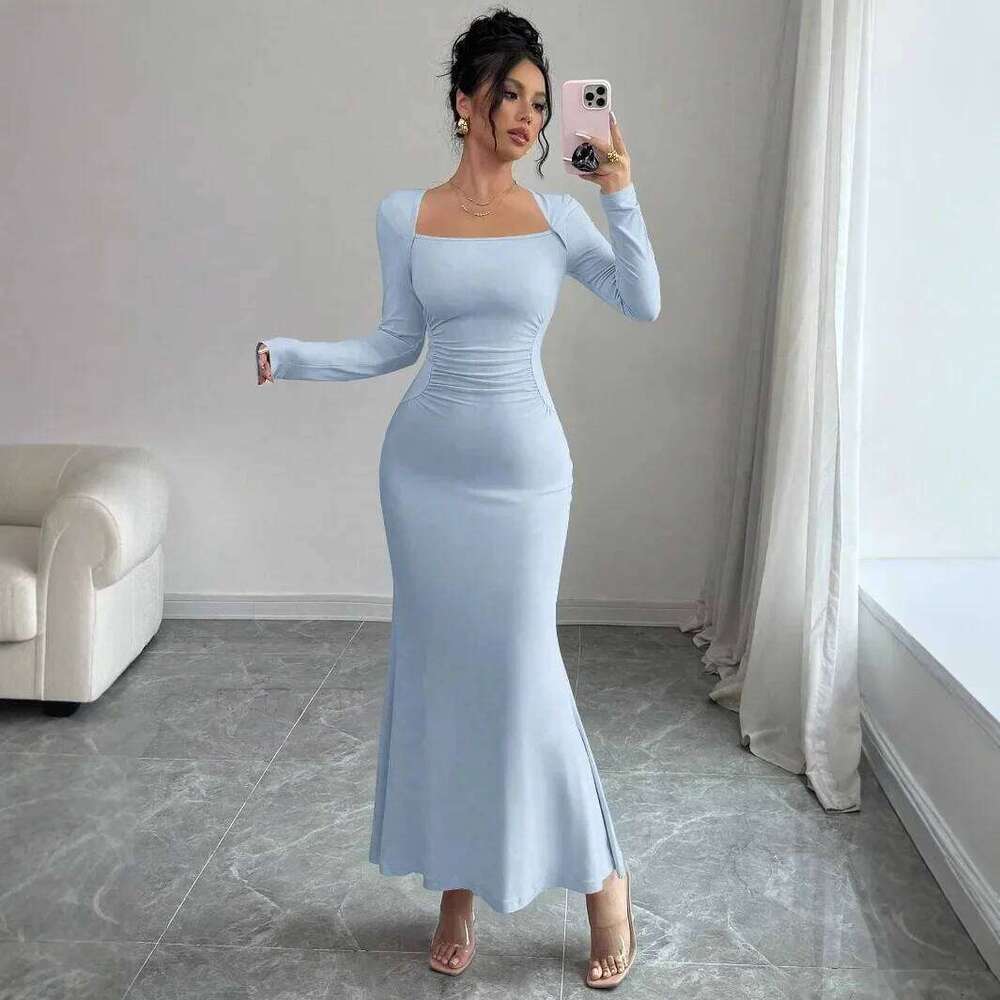 Elegant Long Sleeve Fish Tail Dress Women's Fashionable Slim Fit Sexy Gown Full Length Ankle Skirt Regular Waistline