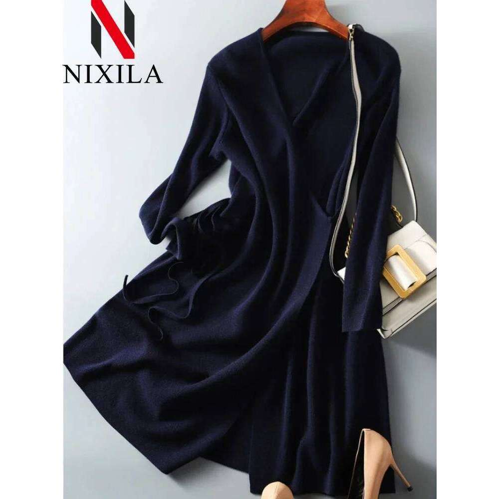 Autumn Winter Knit Womens Sweater Dresses V-neck Wrap Streetwear Korean Fashion Loose Long Sleeves Tops Elegant Female Clothing Z260314