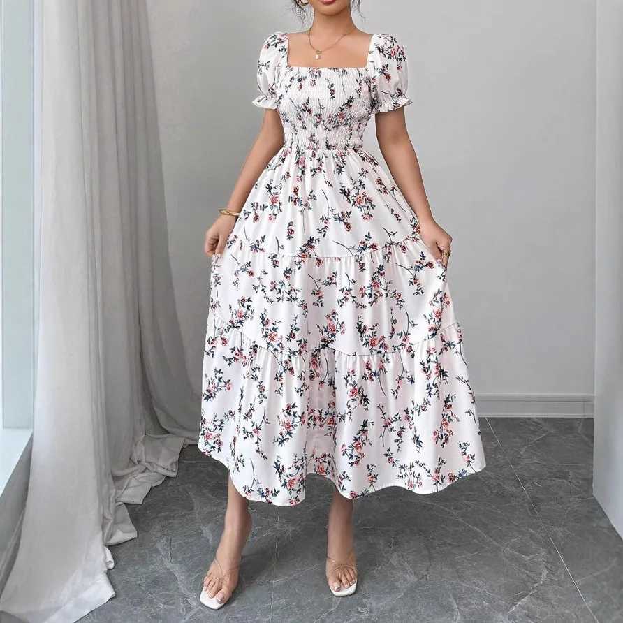 Spring and Autumn Womens Square Neck Short Sleeve Long Skirt Fresh Printed Casual Fashion Slight Backless Temperament DressT260314