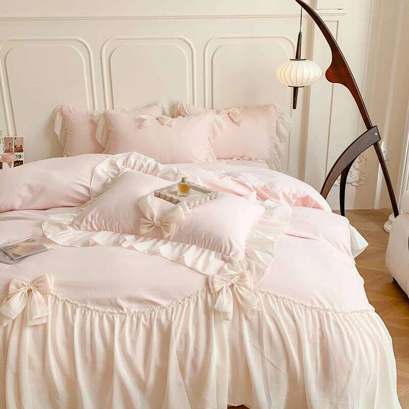 Korean Princess Style Bedding Girl Heart Solid Color Double Sheets Washed Cotton Ruffled Bed Cover Sheet Quilt Set H260312 - view 5