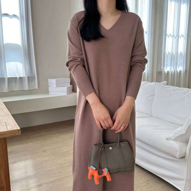 Autumn Winter Casual Loose Women's Knitted Dresses 2025 New Long Sleeve V-neck Elegant Koream Knitting Dress Female Z260314