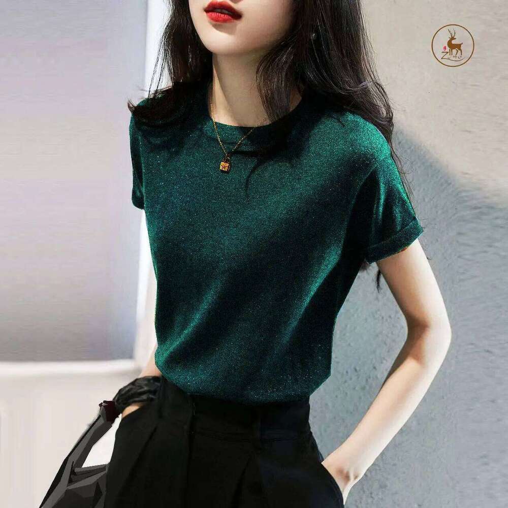 Bright Knitted Women Ice Silk Short-sleeved Thin Fashionable and Versatile Loose Top Temperament Pullover Z260313