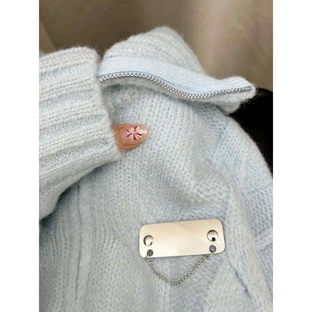 Women American Retro Blue Knitted Sweater Autumn Winter Casual Solid Y2k Cardigan Coat Ladies Sweet Fashion Outwear Tops New Z260313