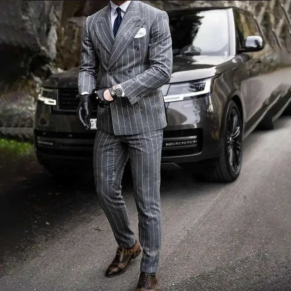 2pcs Mens Gray Striped Wedding Casual Tuxedo Mens British Slim Suit Mens Quality Business Social Club Suit Costume Homme M260313