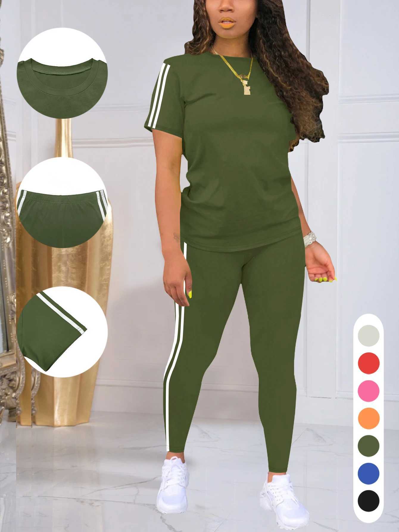 Womens Side-Striped Summer Sportswear Set Short Sleeve Long Pants Breathable Base Layer Clothing Colorful Casual Outfit M260313