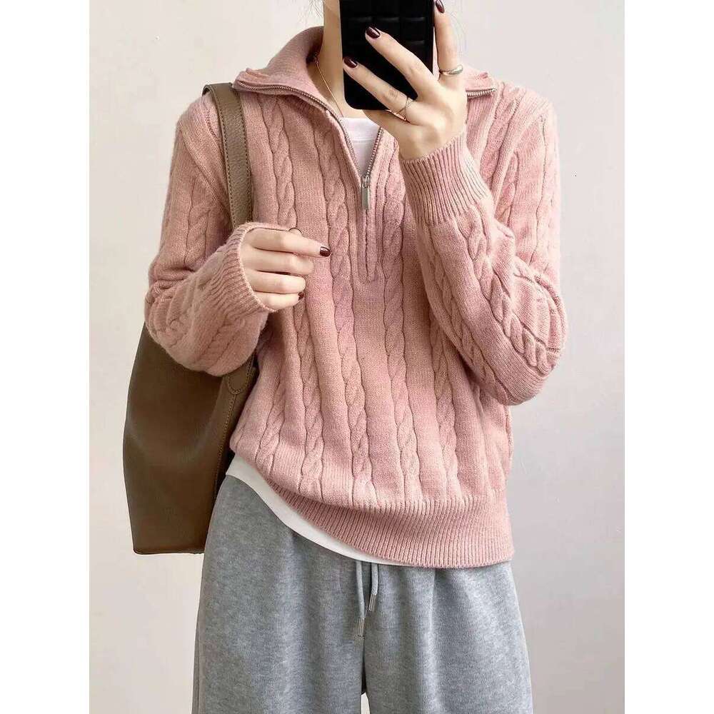 Vintage Cable Knit Half Zip Sweater Women Autumn Winter Thick Lapel Loose Fit Versatile Long Sleeve Cozy Casual Pullover Top Z260313