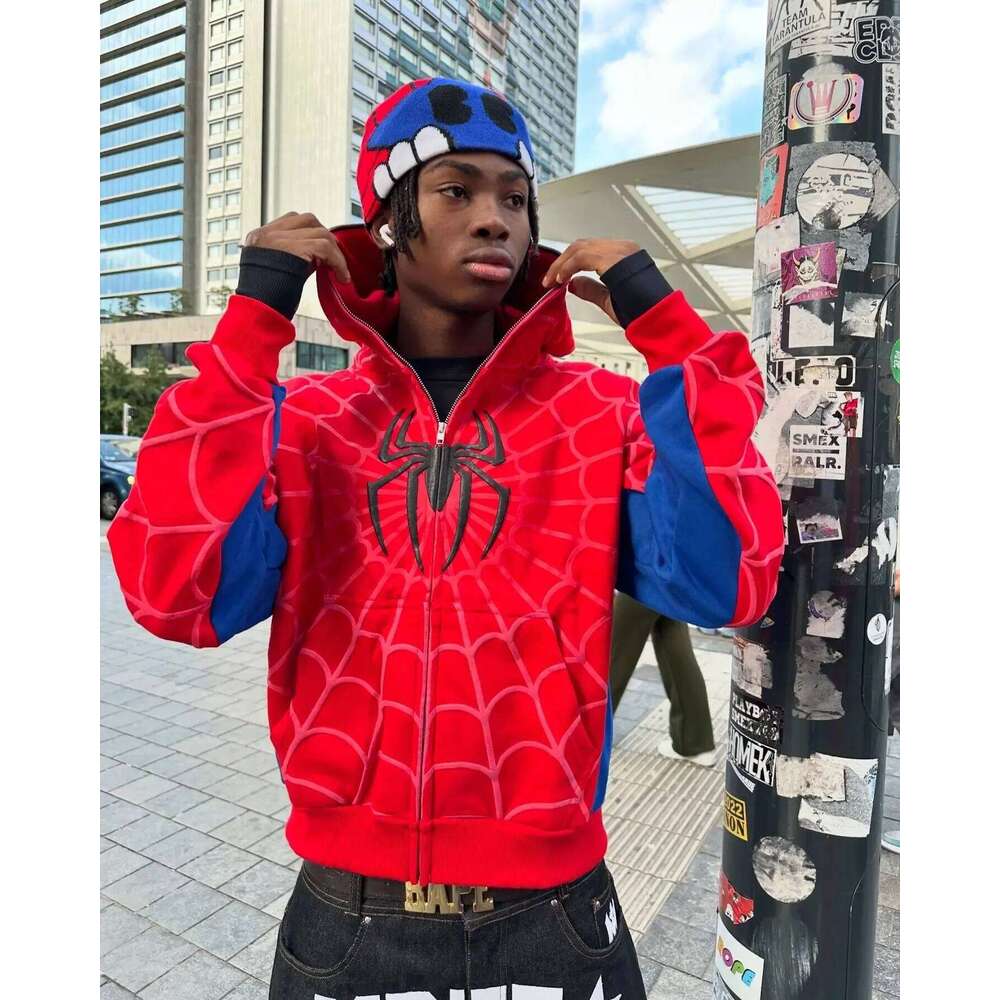 Classics America Gothic Red Spider Print Hooded Cardigan Coat Y2k Street Sweatshirt Zip Up Loose Men Women Hip Hop Hoodie Jacket Z260315