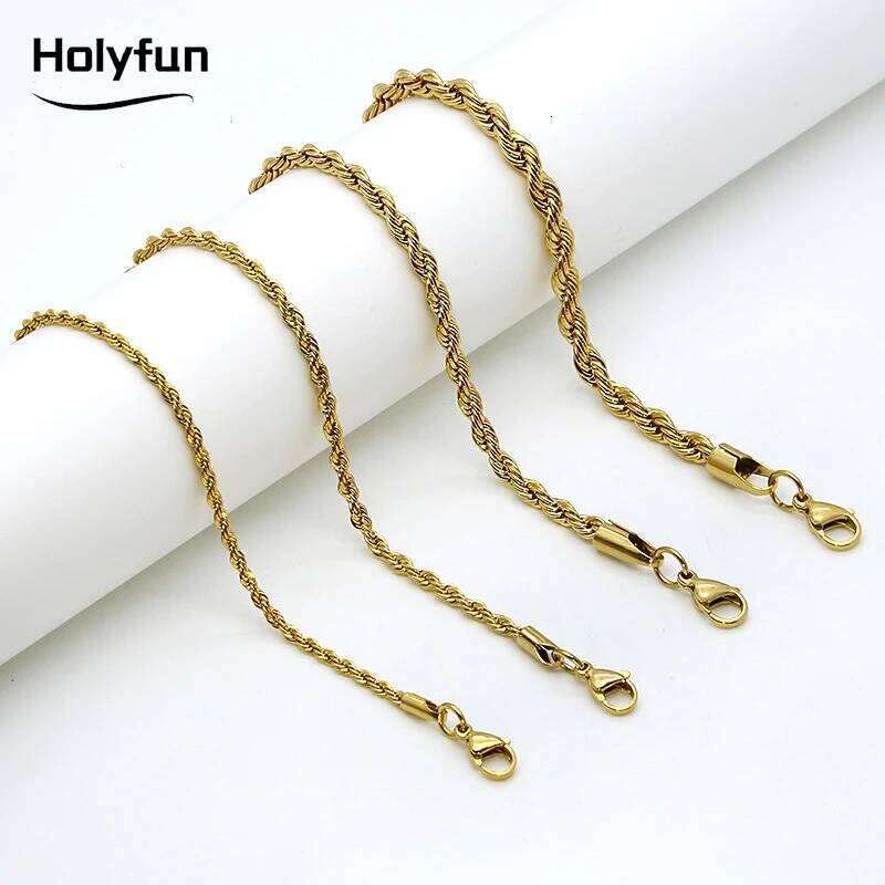 Ropes Long Necklace for Men Women,Stainless Steel Minimalist Twist Rope Necklace,Punk Gold Silver Black Color Chain H260312