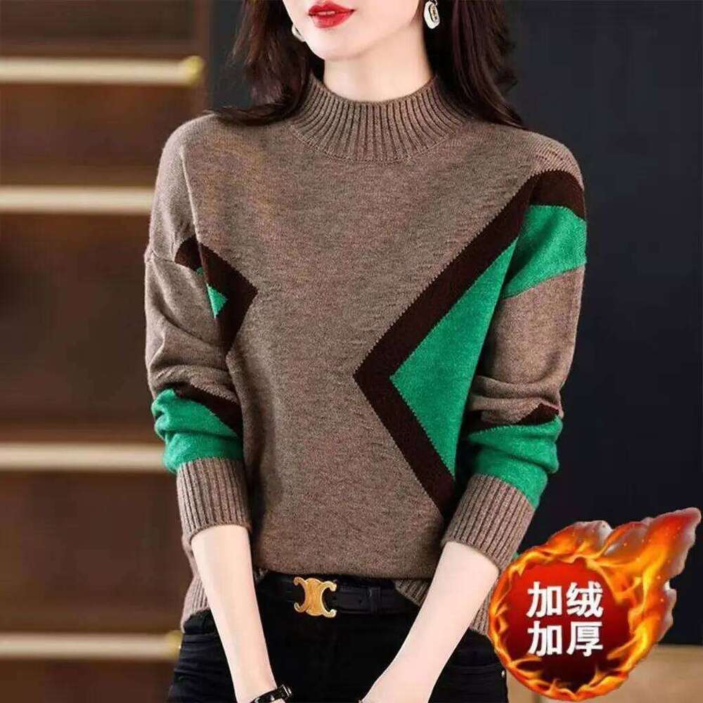 Velvet and Thickened Women's Top 2024 New Autumn/Winter Korean Edition Color Block Knitted Half High Neck Sweater Z260313