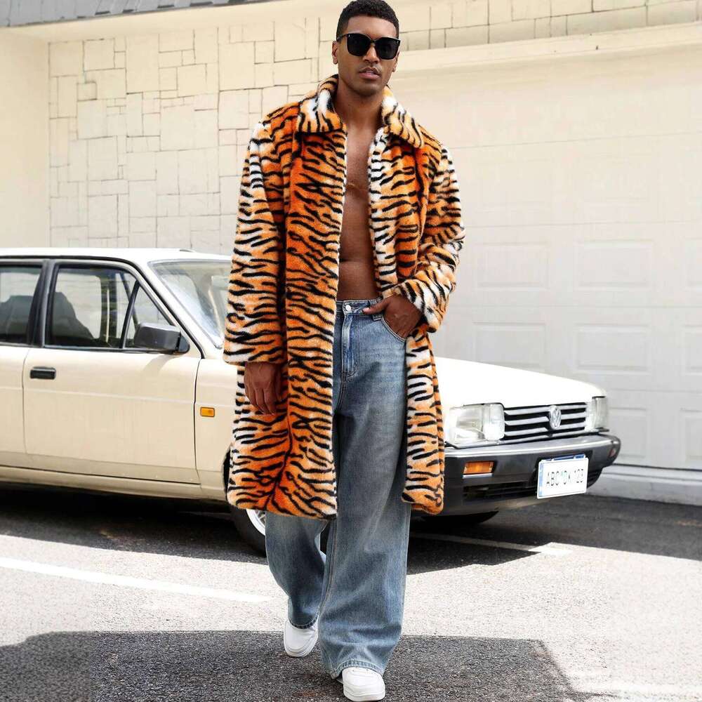 Men Tiger Stripe Coat Faux Fur Jacket Color Blocked Turn Down Collar Long Sleeve Single Breasted Loose Casual 2025 Autumn Winter Z260313