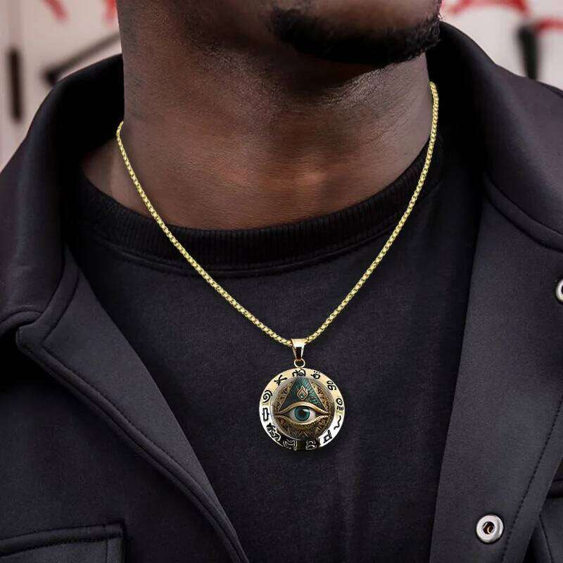 1 Piece Beautiful Ancient Egyptian Script Round Fashion Glass Alloy Gold Color Pendant Necklace H260312