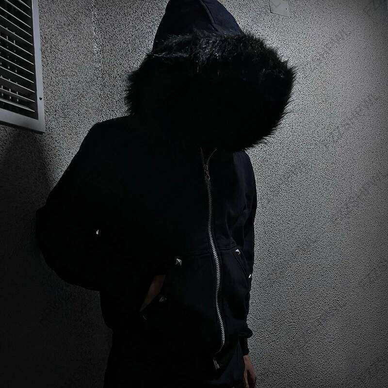Rivet design Rock Gothic Dark Faux Fur Collar Y2K Zip up hoodie Streetwear Chic Zipper Hoodie sweatshirt Punk Hip Hop Pullover Z260315