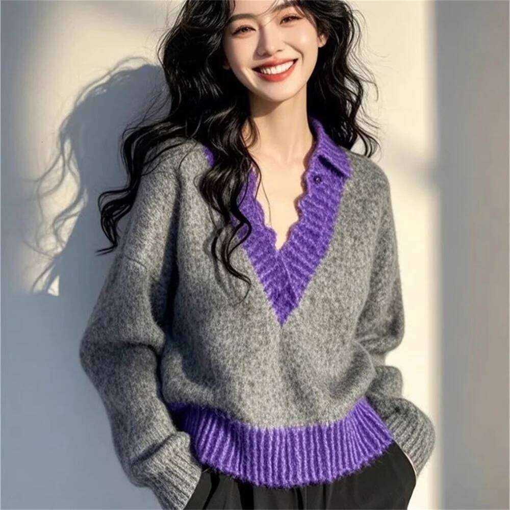 Women Knit Spring Autumn Clothing High Quality Elegant Beautiful Sweater Tops Purple Patchwork V-neck Loose Coat Z260314