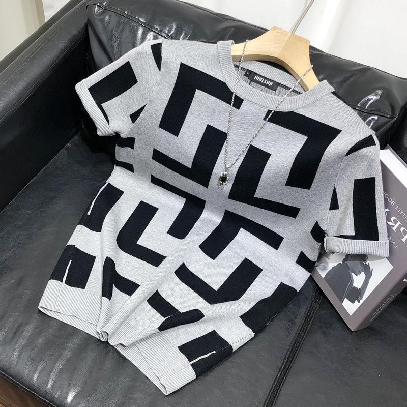 Luxury Brand Designer Clothes Spring And Autumn Geometric Pattern Base Shirt Men's Slim Fit Casual Trendy Brand Short Sleeve Knitted Top Summer T