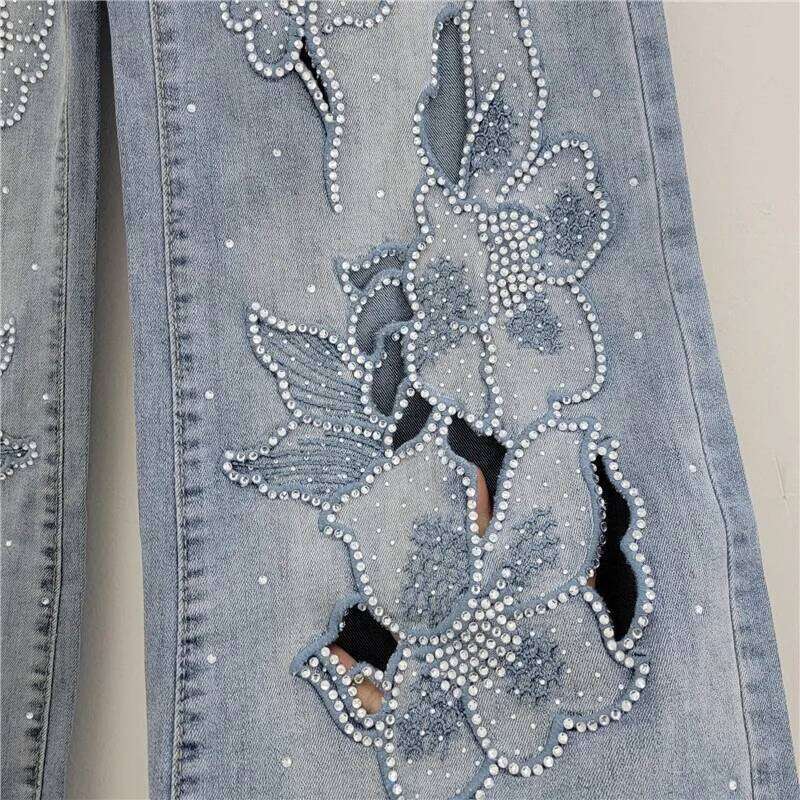 YEAE Women's Jeans High Waist Embroidery Flowers Burrs Edge Straight Wide Leg Denim Pants 2025 New Fashion Spring Z260313