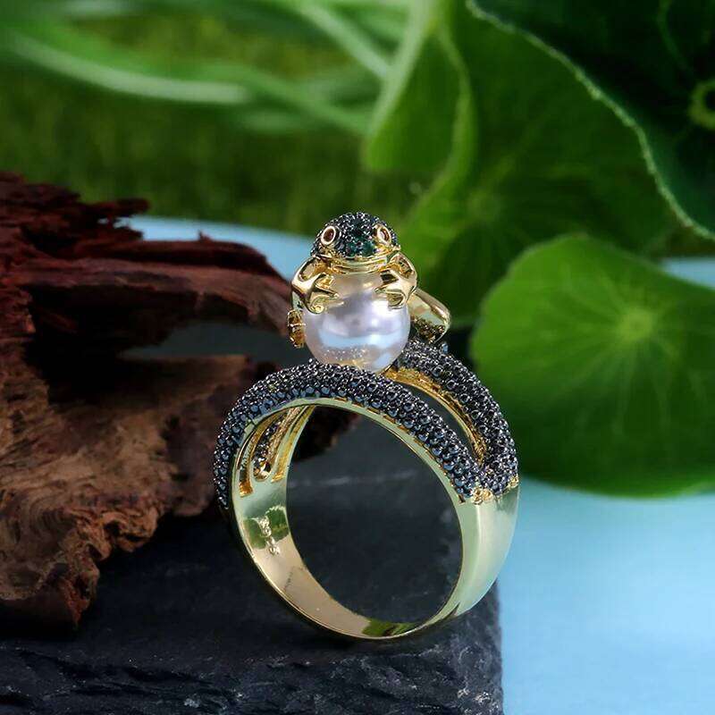 Huitan Cute Animal Jumping Frog Shaped Fancy Rings Birthday Gift For Children Rough Surface With Simulated Pearl Ring H260312