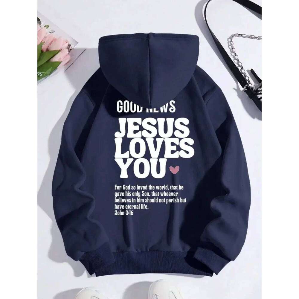 A new Christian-style casual pure cotton hooded sweatshirt with the theme of Jesus loving you, featuring redemption and love 26Y0313