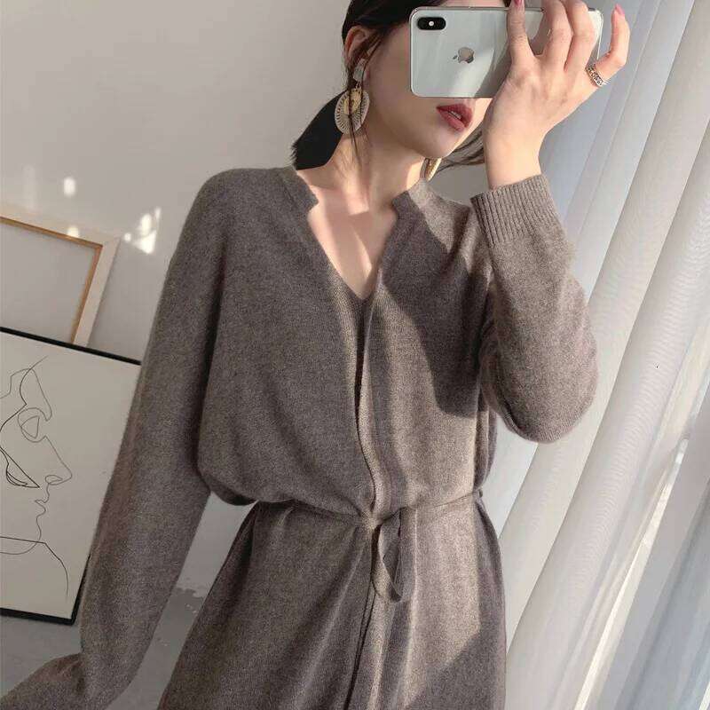 2025 Autumn Winter Korean Style Simple Elegant Women Slimming Solid Color Medium-length Knee-length Drawstring Knit Dress Z260314