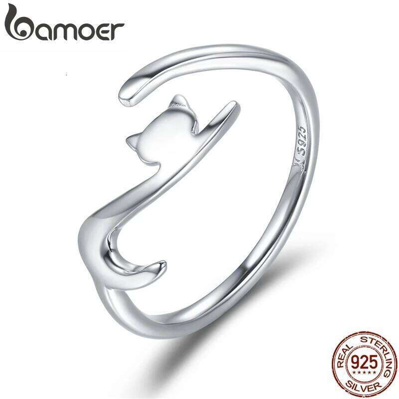 BAMOER 925 Sterling Silver Sticky Cat with Long Tail Finger Women Adjustable Engagement Ring Jewelry SCR220 H260312