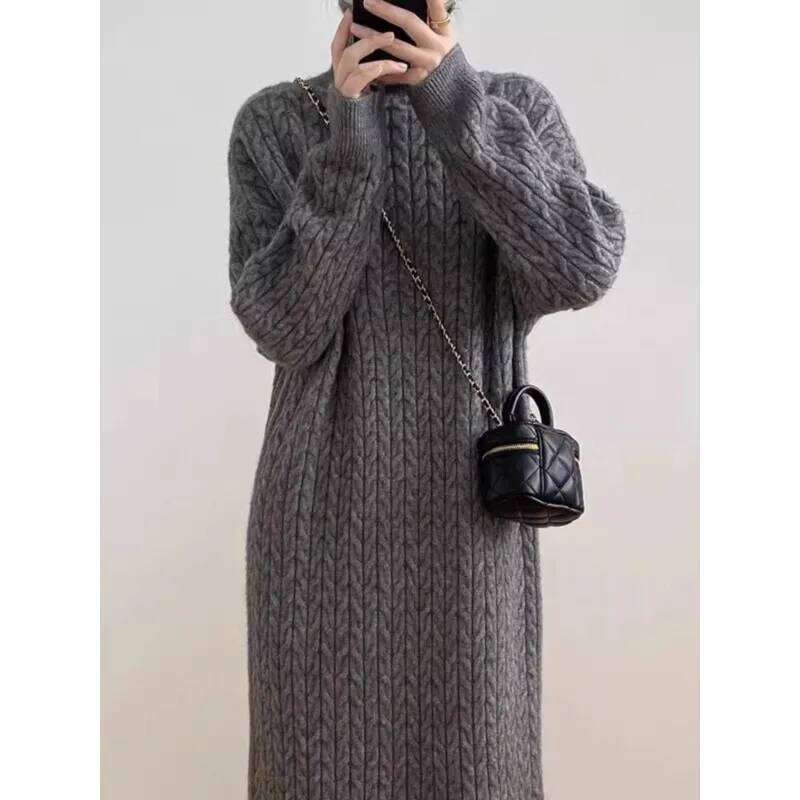 Korean High-neck Twist New Lazy Style Autumn Winter Loose Bottoming Long Knitted Dress Z260313