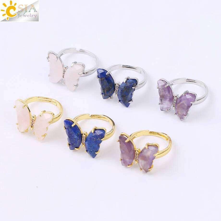 Gold Color Crystal Ring Natural Gemstone Butterfly Rings for Women Amethysts Lapis Lazui Pink Quartz Adjustable Engagement H125 H260312