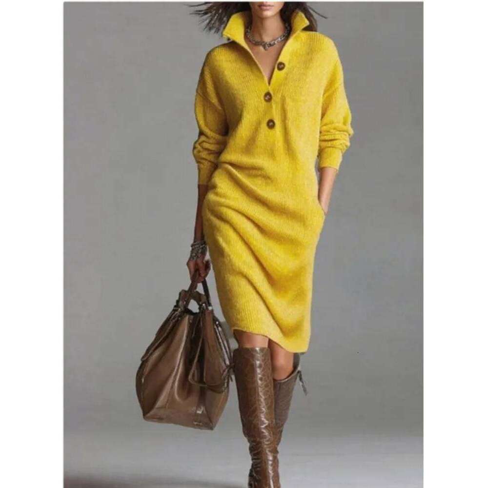 Autumn Fashion Knitted Button Lapel Women Dress Casual Loose Pocket Lazy Straight Over The Knee Long Sleeve Sweater FemaleDress Z260313