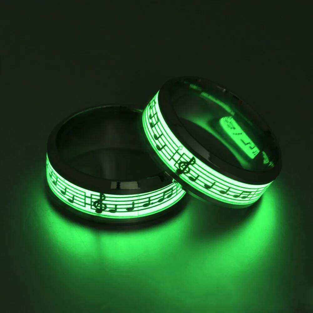 Glow-in-the-Dark Piano Music Note Stainless Steel Rings - Perfect for Casual Attire & Parties H260312