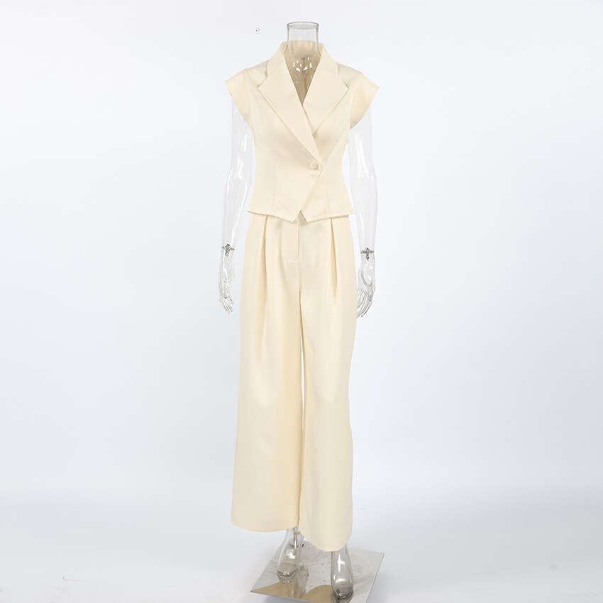 European American Cross Border Women S Clothing Khaki Suit Unique Design Unisex Sleeveless Blazer With Collar And Long Pants Two Piece Set MAKOUFEI