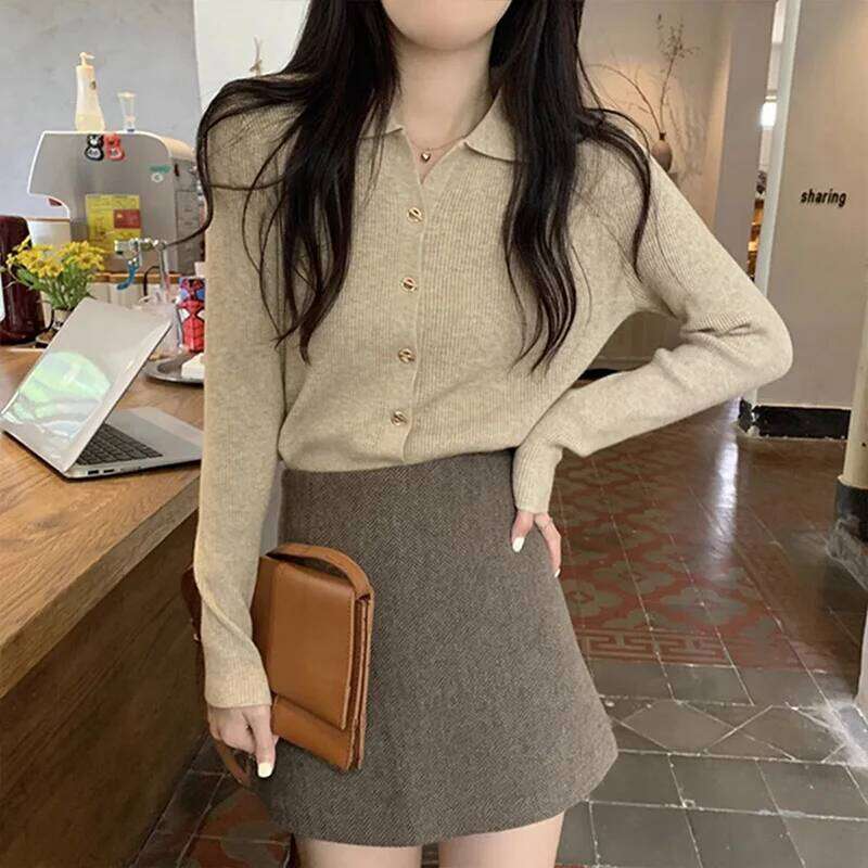 Autumn Fashion Solid Knit Cardigan Women Clothing Chic Turn-down Collar Long Sleeve Sweater All-match Elegant Button Top Z260313