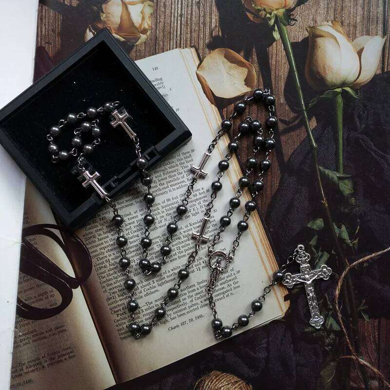 QIGO Vintage Hematite Rosary Catholic Long Jesus Cross Virgin Necklace Pendant For Men Women Religious Jewelry H260312