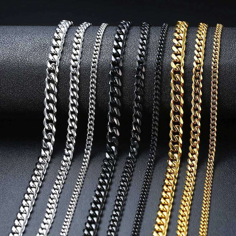 Basic Cuban Necklace for Men Women,Stainless Steel Curb Link Chain Collar,3/5/7/9/11mm Width Black Gold Retro Color Choker H260312