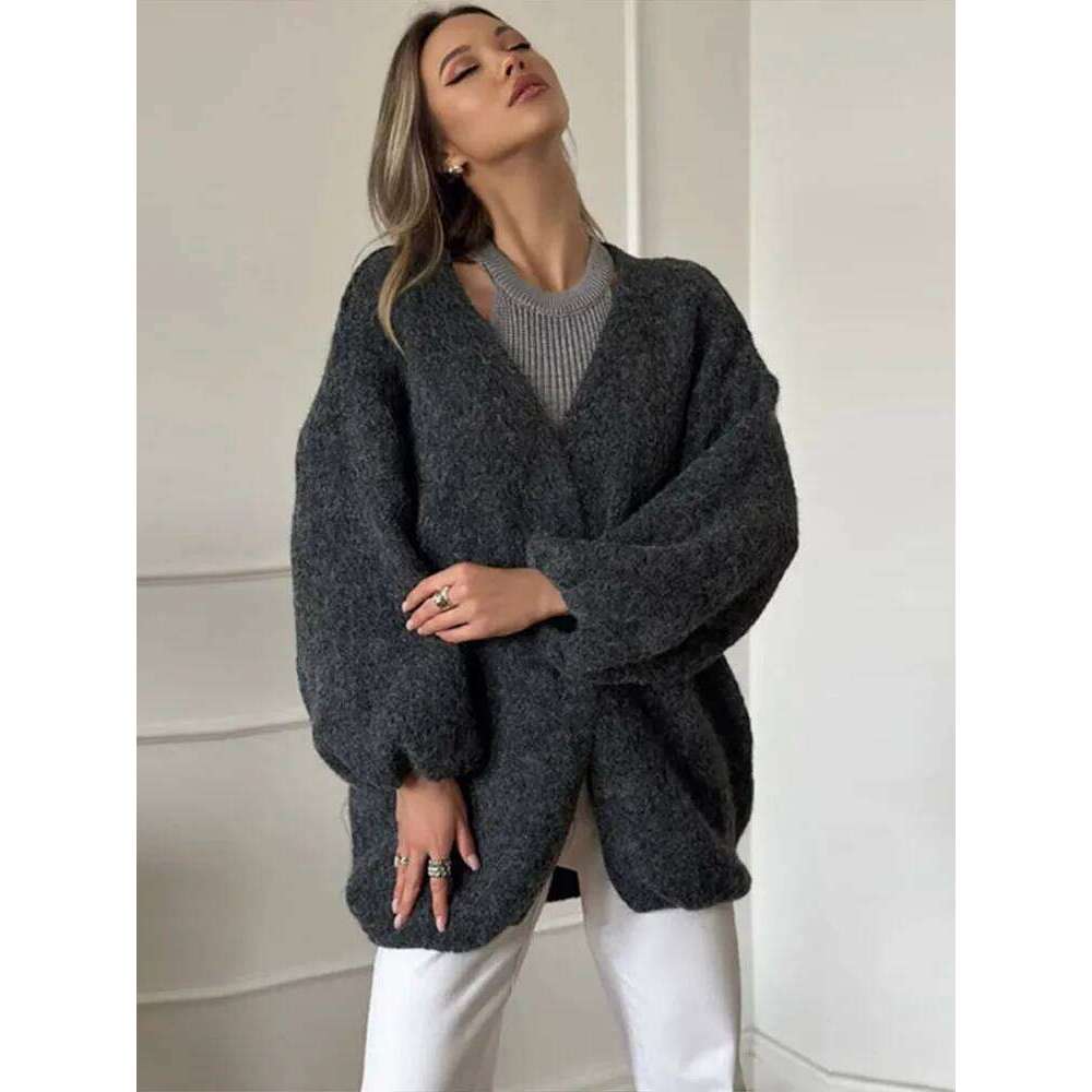 Casual Lantern Sleeve Cardigan V-neck Loose Long Sleeves Drop Shoulder Solid Short Sweater Autumn Winter 2025 All-match Sweaters Z260313