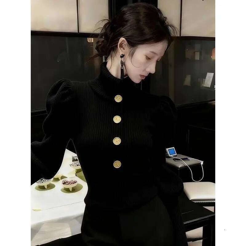Autumn Winter Fashionable Buttons Solid Color Pullovers Ladies Temperament Slim Knitting Long Sleeve Turtleneck Sweater Top Tee Z260314